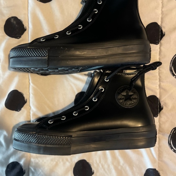Converse Black Leather All Star Platform High-Top Sneakers w Zip Front - Picture 4 of 6